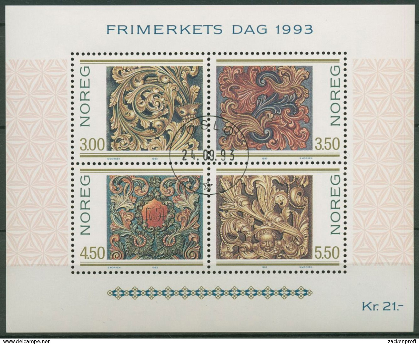 Norwegen 1993 Tag Der Briefmarke Holzschnitzkunst Block 20 Gestempelt (C60338) - Blocks & Kleinbögen