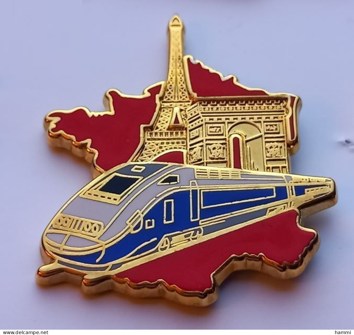 N266 Pin's SNCF TGV Carte De France Tour Eiffel Arc De Triomphe (gros Pin's) Signé Ballard Achat Immédiat - TGV