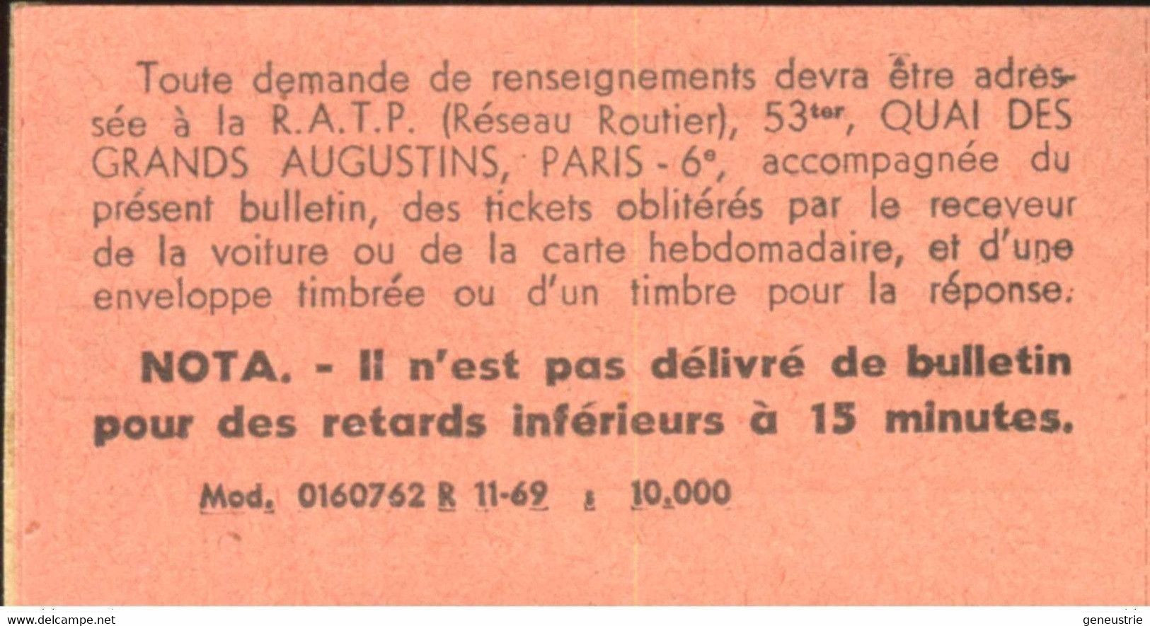 Ticket De Metro - Bulletin De Retard RATP - Années 60/70 - Billet RER - Autres & Non Classés