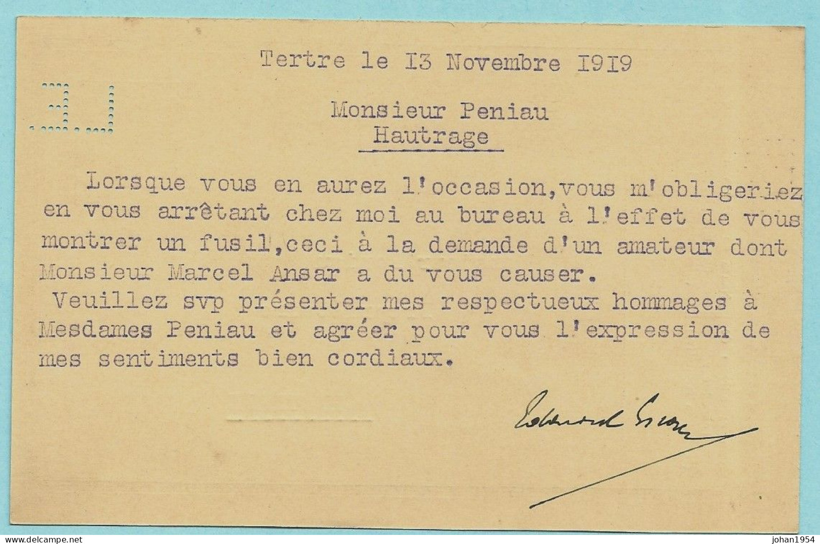 Postkaart Type N°110 Met Perfo L.E. (Louis Escoyez), Gedateerd Tertre 13/11/1919 - 1909-34