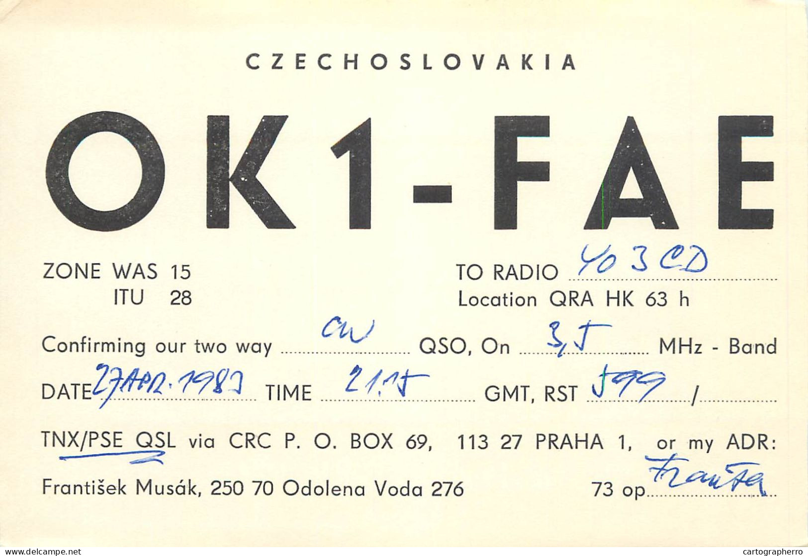 Radio Amateur QSL Post Card Y03CD OK1FAE Prague - Radio-amateur