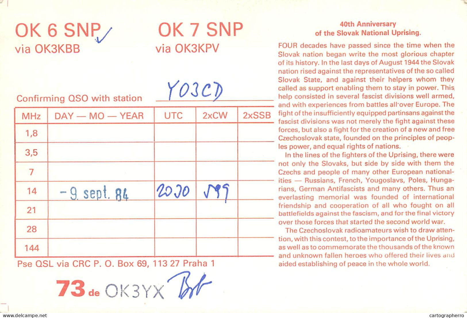 Radio Amateur QSL Post Card Y03CD OK6SNP Czechoslovakia - Radio Amateur