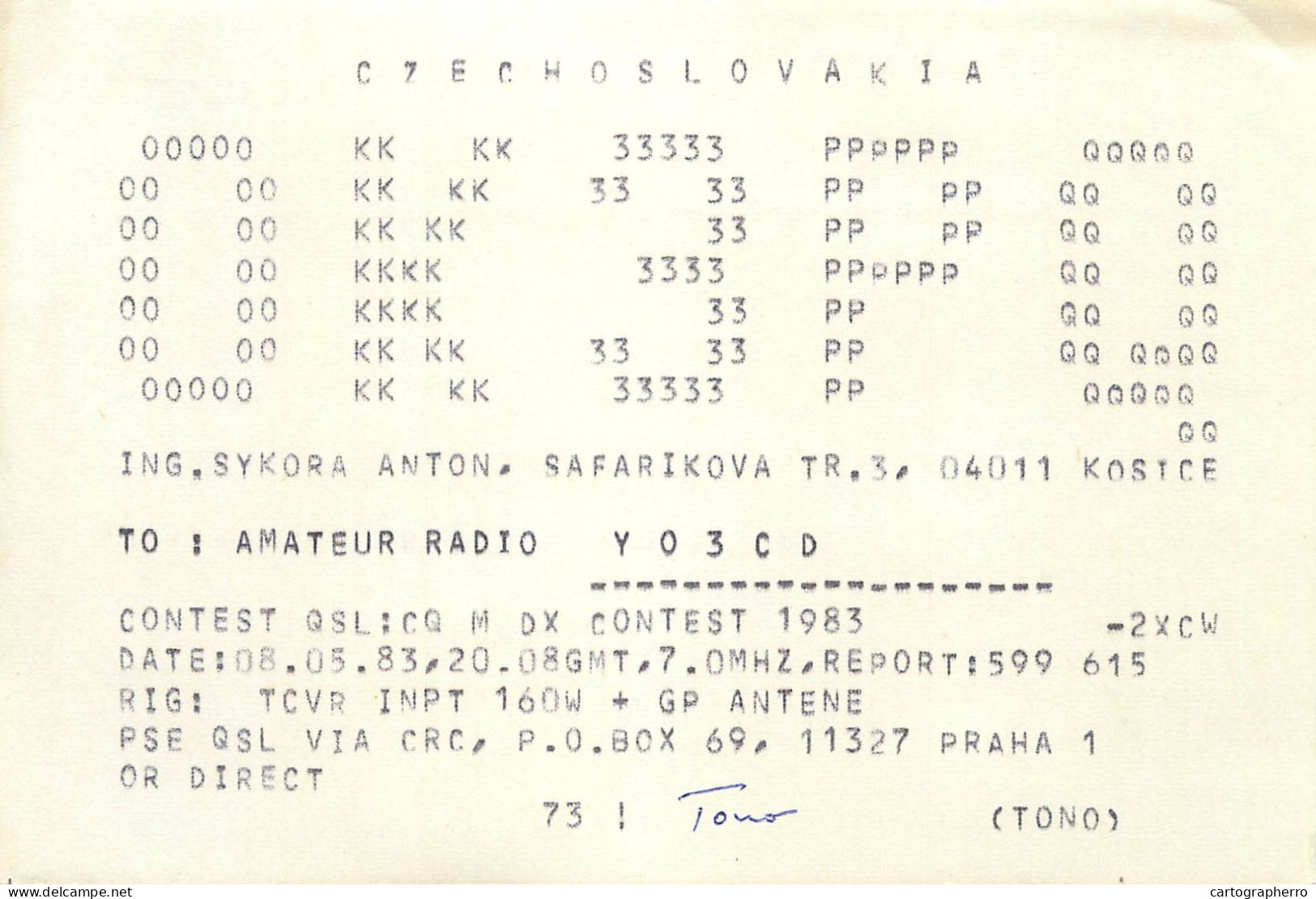 Radio Amateur QSL Post Card Y03CD OK3PQ Czechoslovakia - Radio Amatoriale