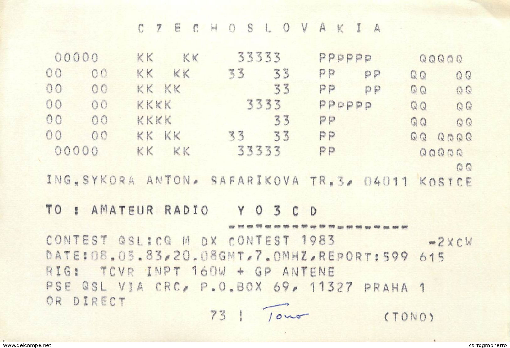 Radio Amateur QSL Post Card Y03CD OK3PQ Czechoslovakia - Radio Amateur