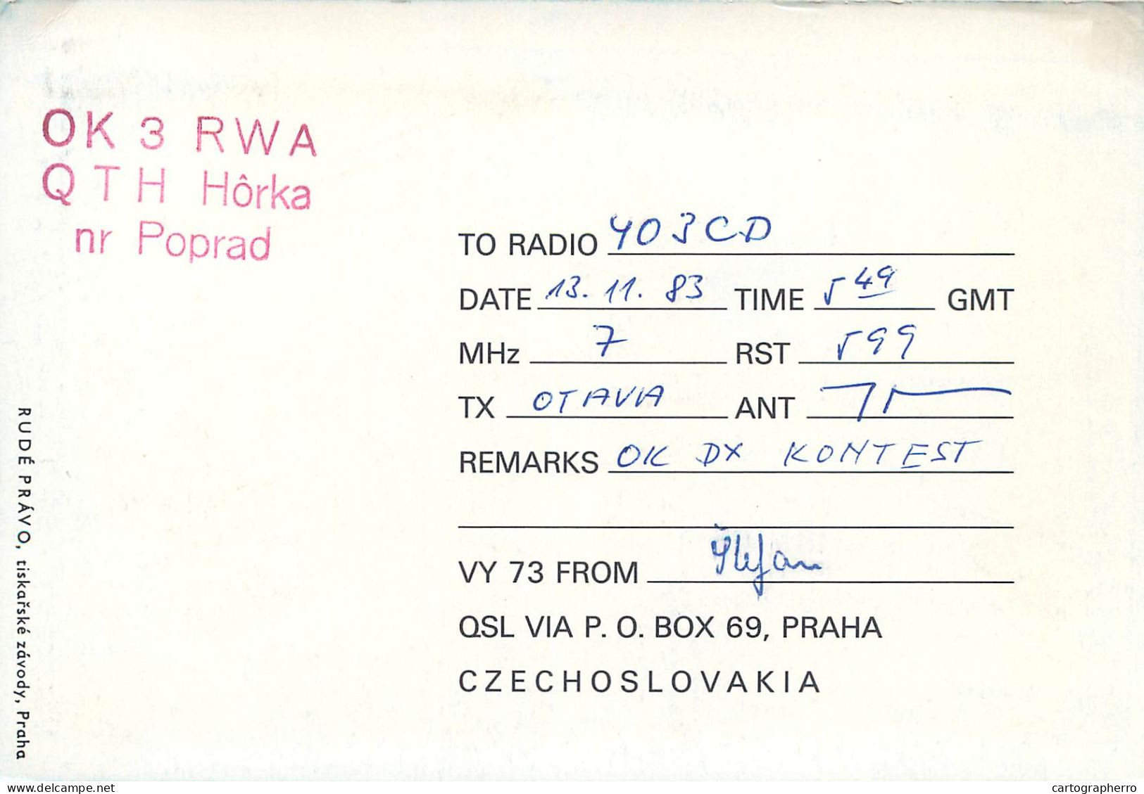 Radio Amateur QSL Post Card Y03CD OK3RWA Czechoslovakia - Radio-amateur