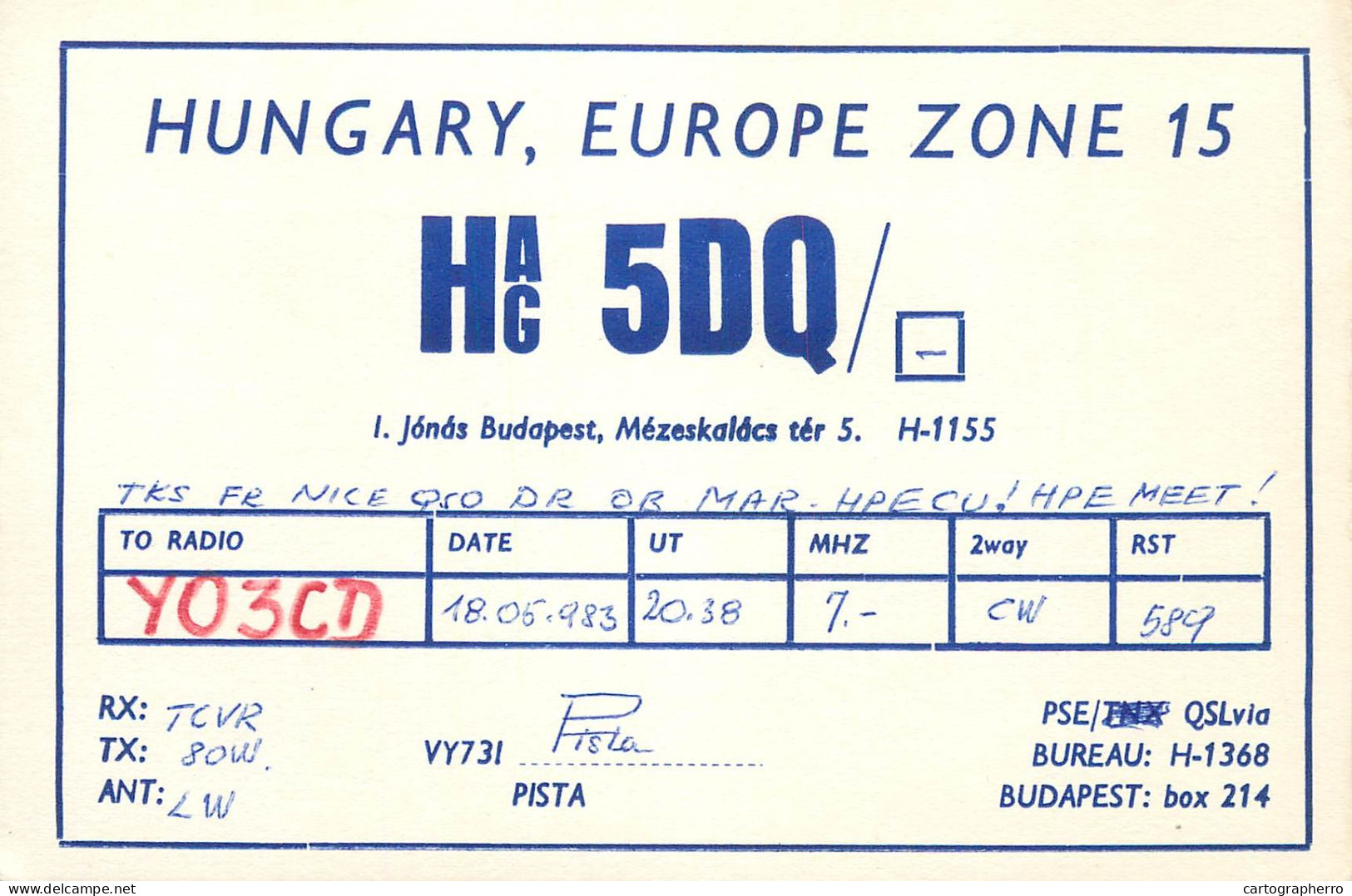 Radio Amateur QSL Post Card Y03CD HA5DQ Hungary - Radio Amateur