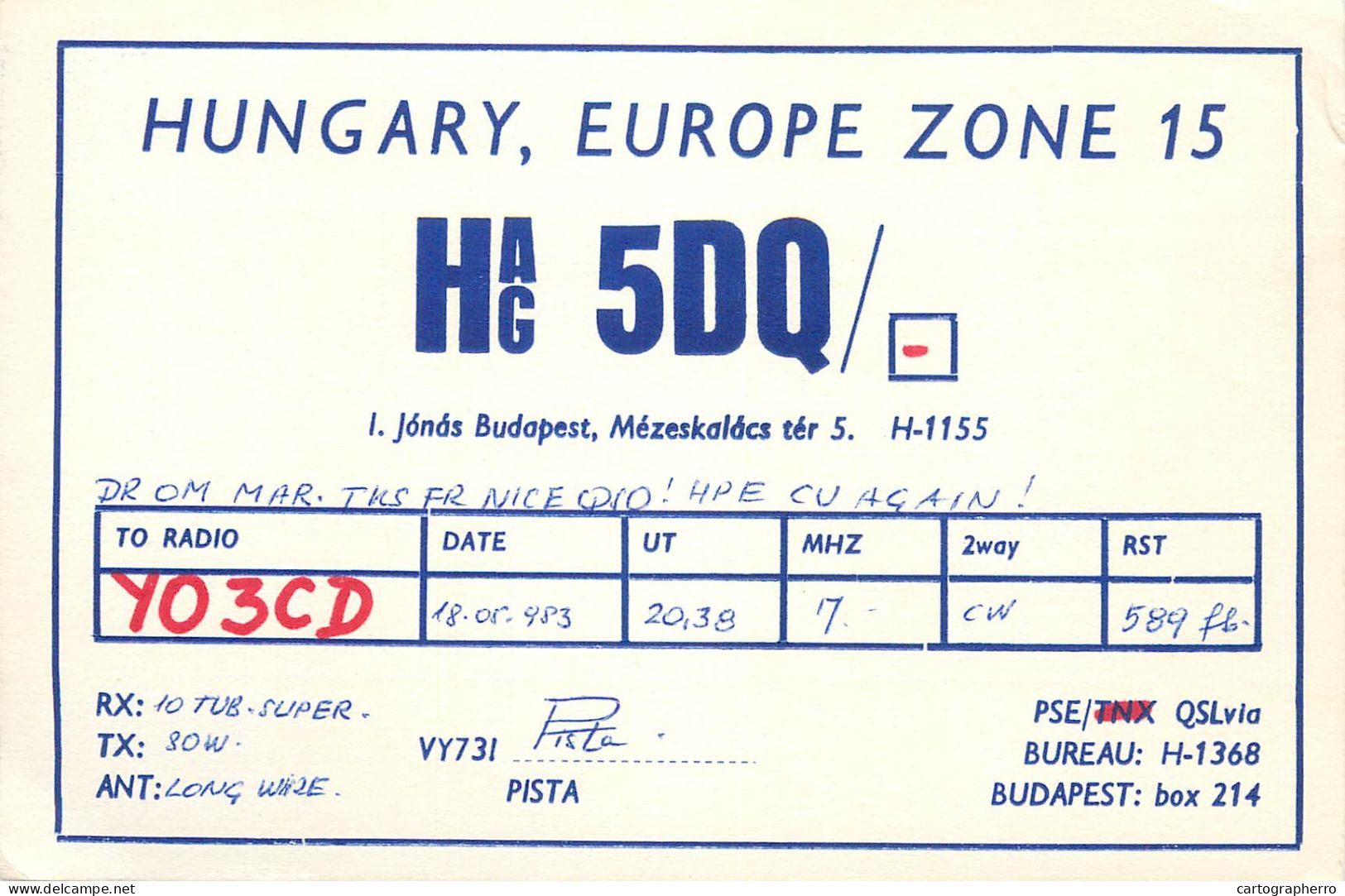 Radio Amateur QSL Post Card Y03CD HA5DQ Hungary - Radio Amateur