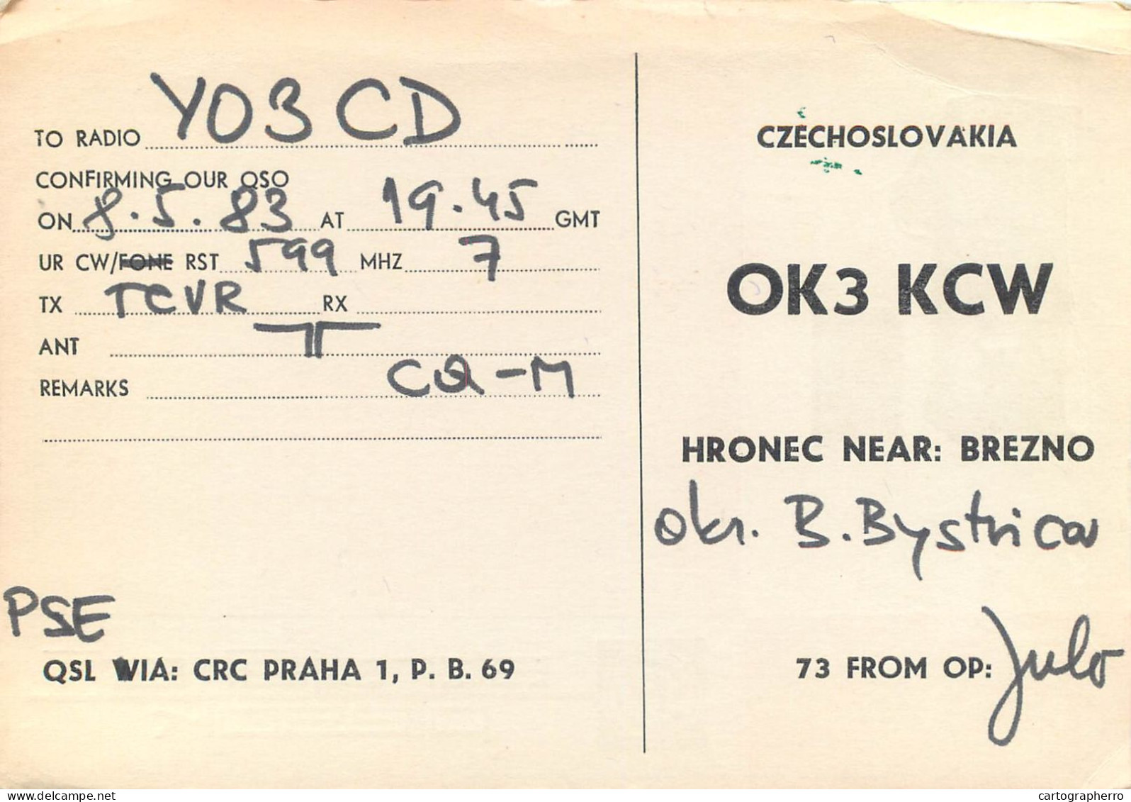 Radio Amateur QSL Post Card Y03CD OK3KCW Prague - Radio Amatoriale