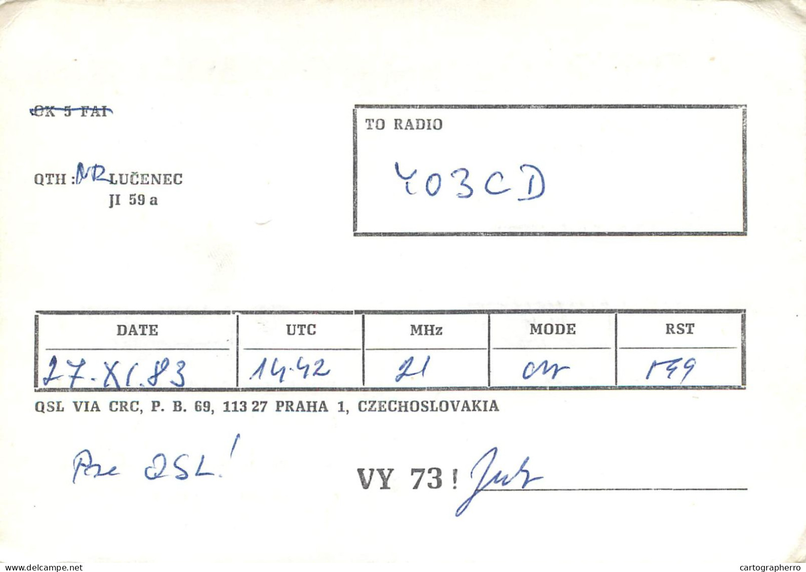 Radio Amateur QSL Post Card Y03CD OK5FAI Lucenec - Radio Amateur