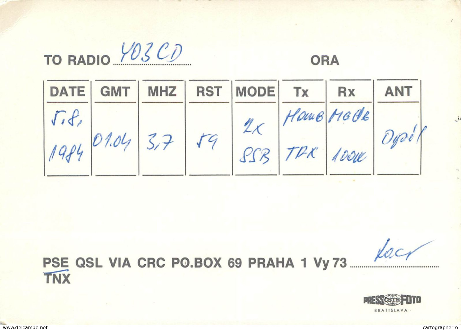 Radio Amateur QSL Post Card Y03CD O3TBT Bratislava - Radio-amateur