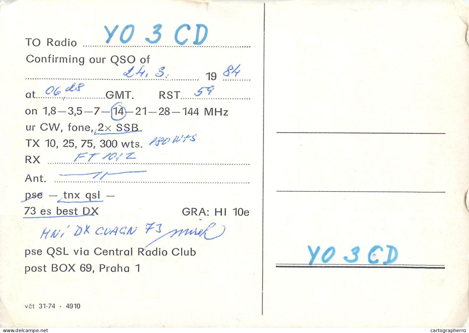 Radio Amateur QSL Post Card Y03CD OK2TH Vrana Miroslav - Radio Amateur