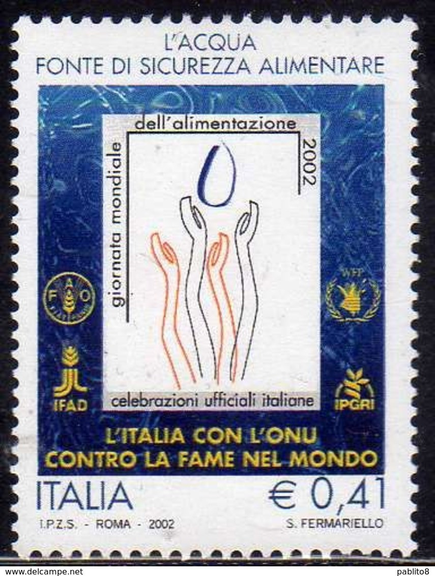 ITALIA REPUBBLICA ITALY REPUBLIC 2002 GIORNATA MONDIALE DELL'ALIMENTAZIONE L'ACQUA FAO IFAD  WFP IPGRI € 0,41 MNH - 2001-10:  Nuovi