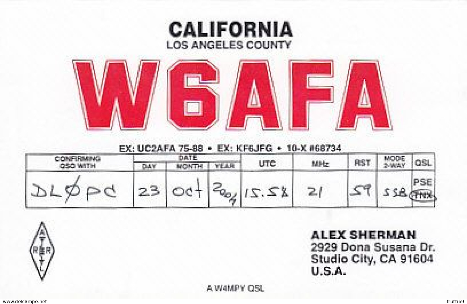 AK 212274 QSL - USA - California - Studio City - Radio Amateur