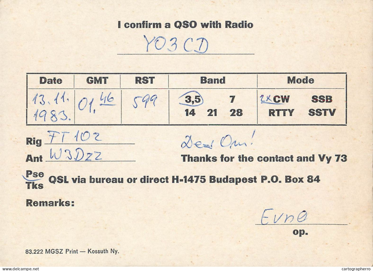 Radio Amateur QSL Post Card Y03CD HA5KAG Hungary - Amateurfunk