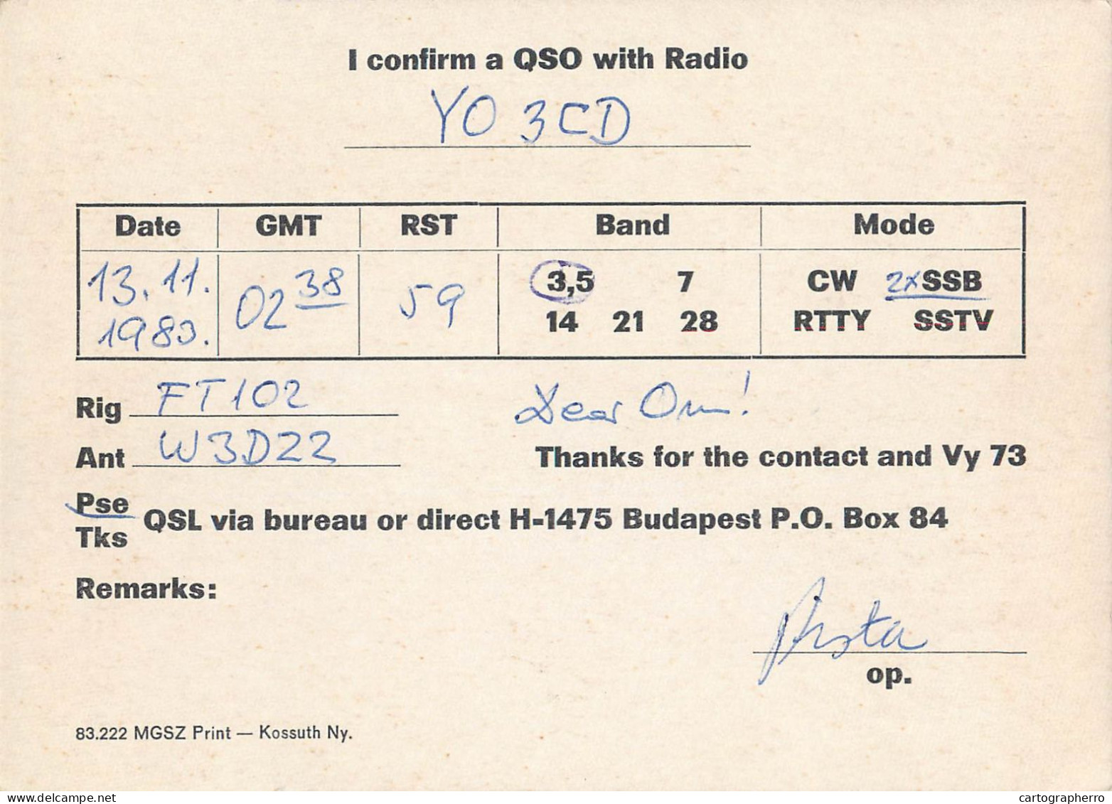 Radio Amateur QSL Post Card Y03CD HA5KAG Hungary - Radio Amateur