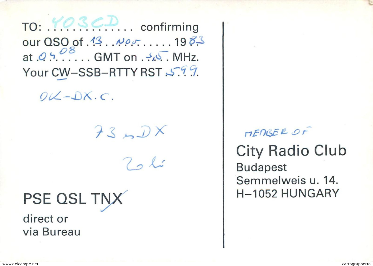 Radio Amateur QSL Post Card Y03CD HA5OF Hungary Erimpex - Radio Amatoriale