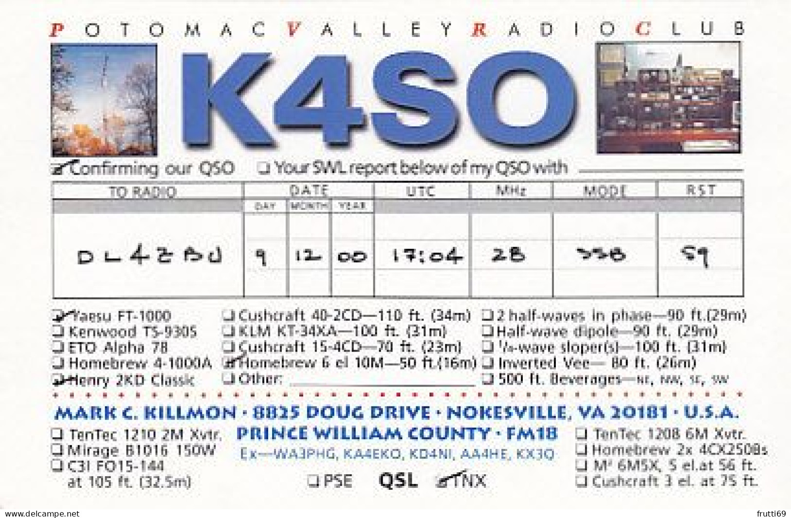 AK 212276 QSL - USA - Virginia - Nokesville - Radio