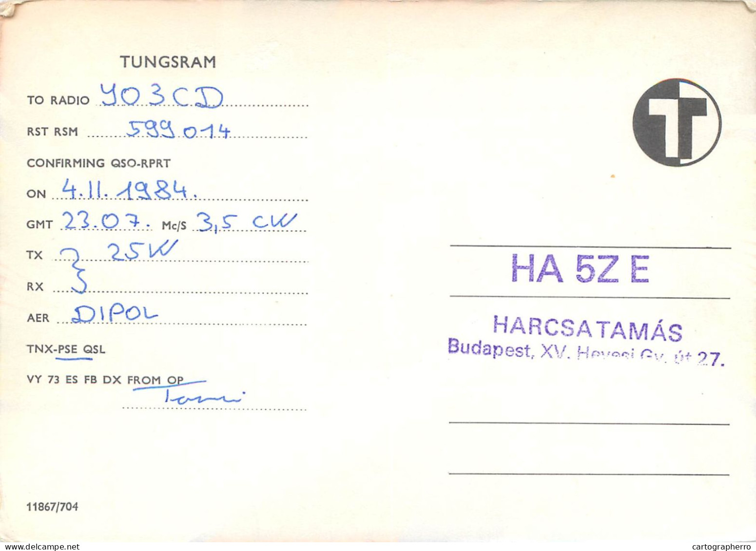 Radio Amateur QSL Post Card Y03CD HA5ZE Tungsram Hungary - Amateurfunk