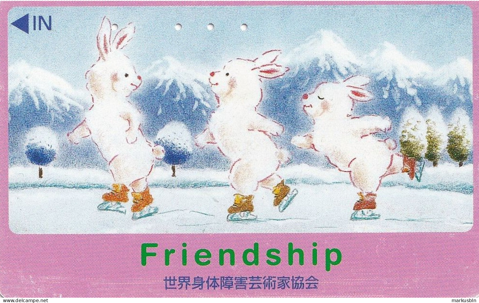 Japan Tamura 50u Old Private 110 - 202799 Drawing Cartoon Bunnies Rabbits  Art Disabled Artists Winterscene Ice Skating - Japon