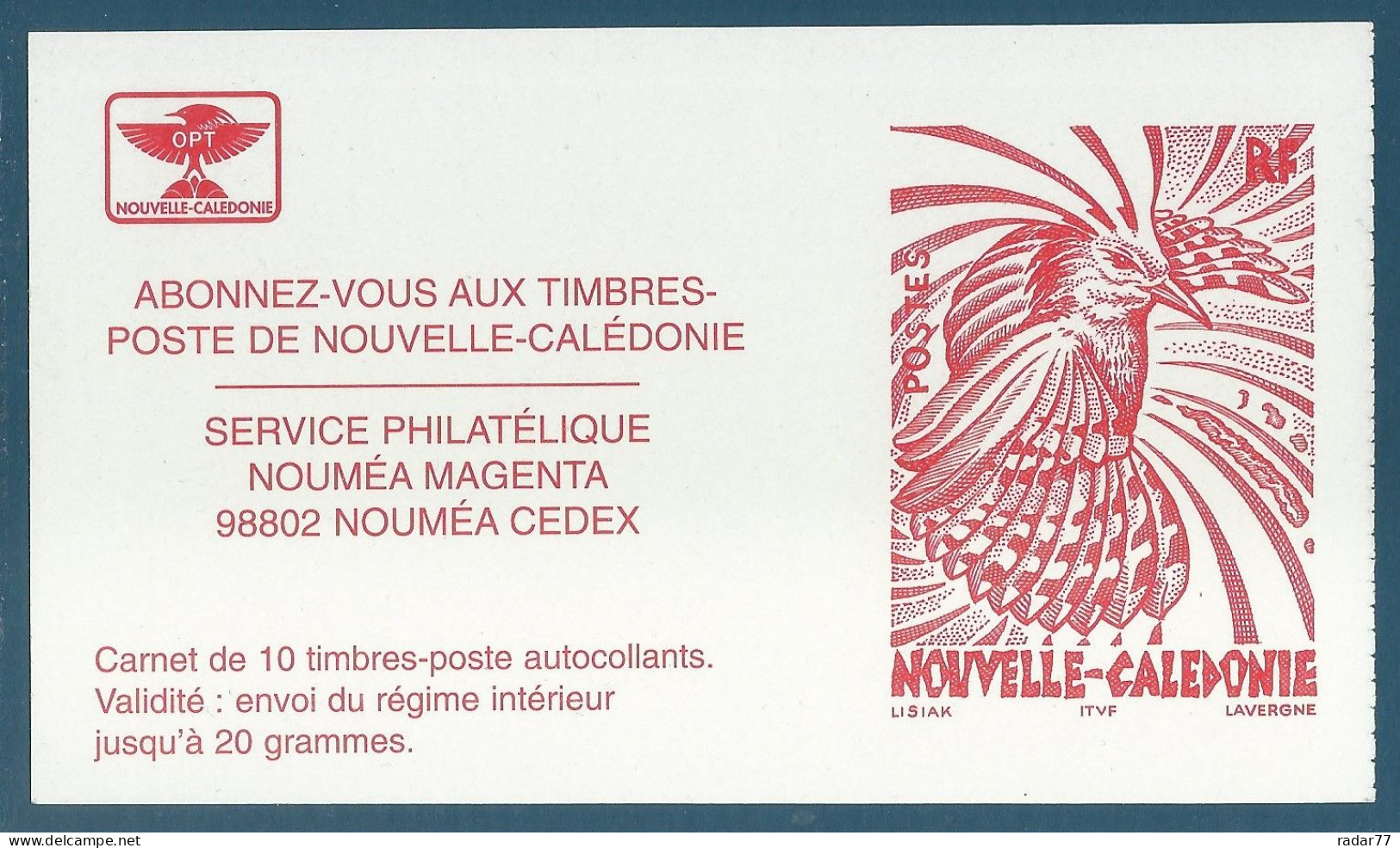 Nouvelle-Calédonie Carnet 10 Timbres N°C748 Cagou Autoadhésif Neuf** - Booklets
