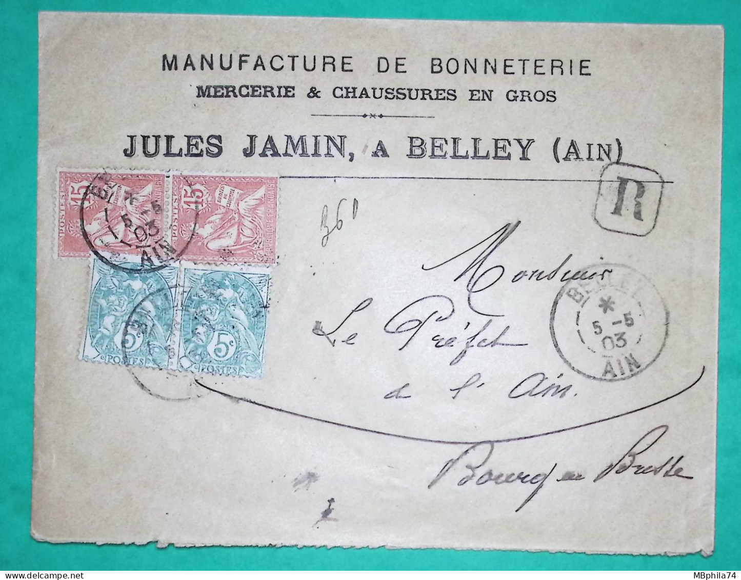 N°111 X2 + 125 X2 BLANC MOUCHON RETOUCHE RECOMMANDE BELLEY AIN ENTETE BONNETERIE POUR BOURG EN BRESSE 1903 COVER FRANCE - 1900-02 Mouchon