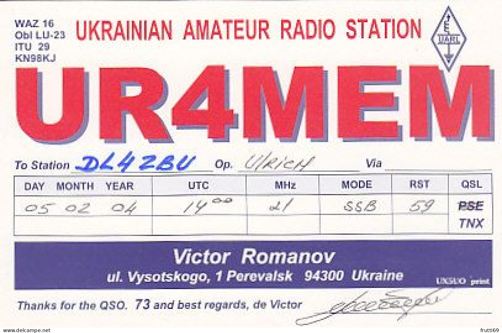 AK 212296 QSL - Ukrania - Perevalsk - Radio Amateur