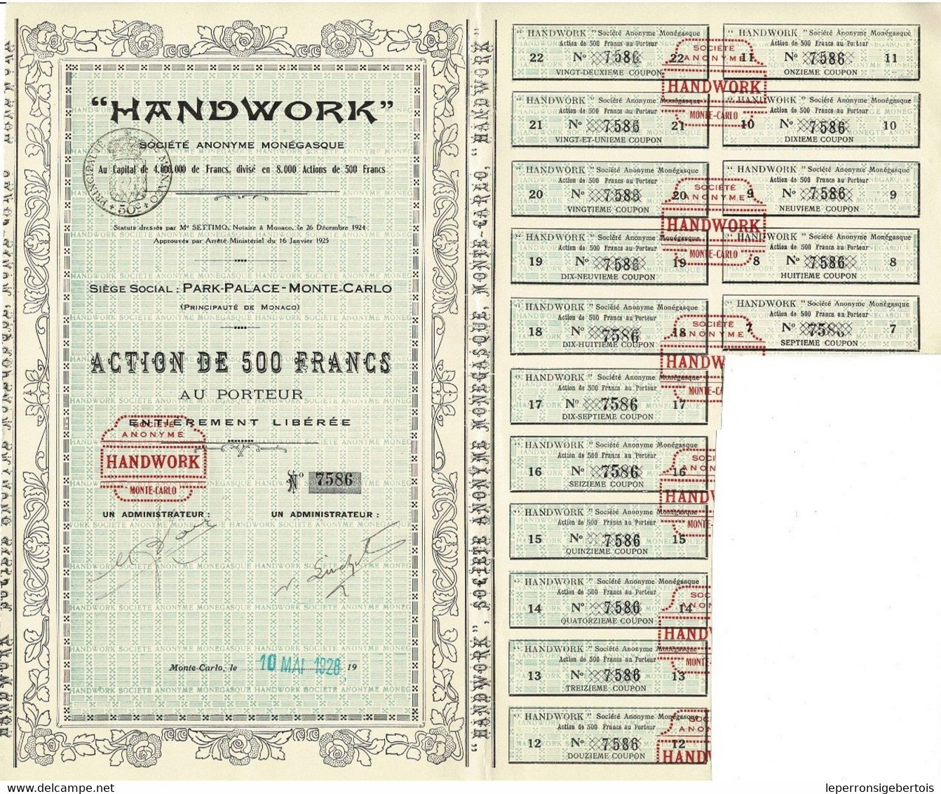 - Titre De 1928 - Handwork. - Société Anonyme Monégasque - N° 7588 - Altri & Non Classificati