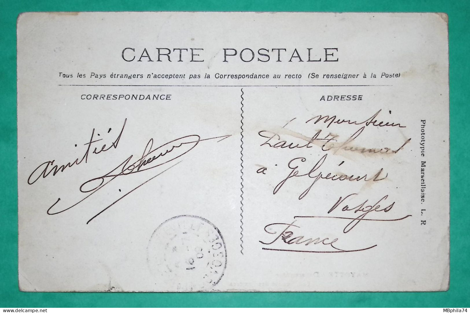 5C TYPE GROUPE MADAGASCAR ET DEPENDANCES CARTE POSTALE DZAOUDZI MAYOTTE POUR GELVECOURT VOSGES 1909 COVER FRANCE - Briefe U. Dokumente