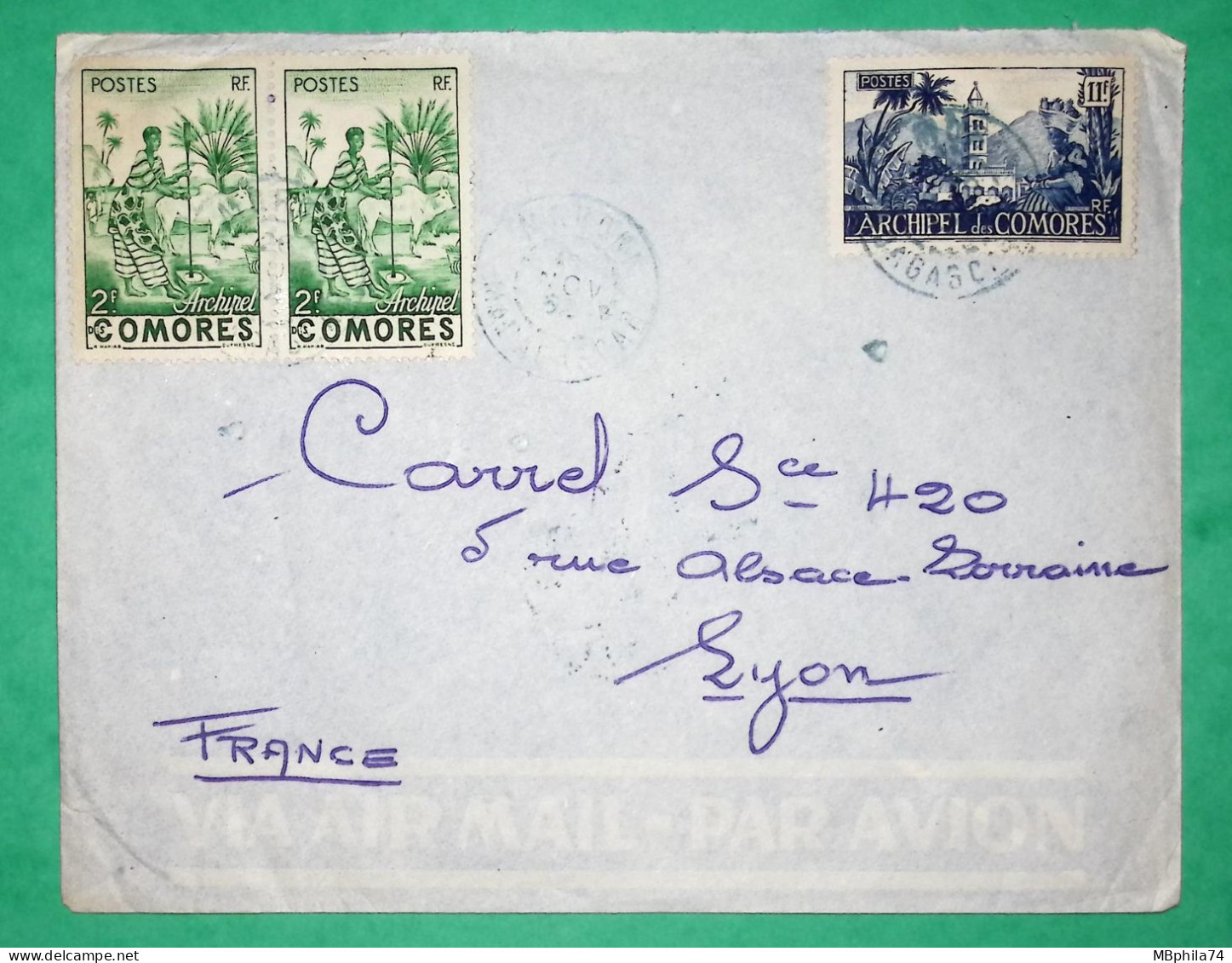 LETTRE PAR AVION COMORES CAD BLEU MORONI MADAGASCAR POUR LYON RHONE COVER FRANCE - Airmail