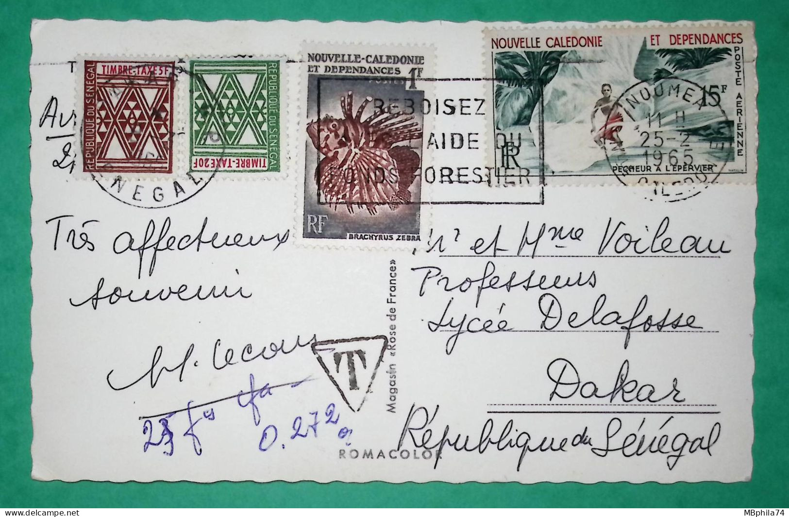 CARTE POSTALE NOUMEA NOUVELLE CALEDONIE POUR DAKAR REPUBLIQUE DU SENEGAL TIMBRE TAXE 5F + 20F LETTRE COVER FRANCE - 1960-.... Briefe & Dokumente