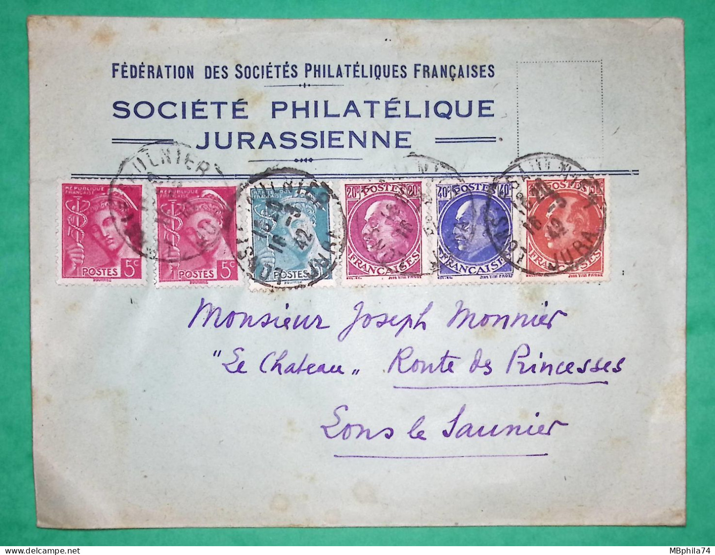 N°406 X2 + 505 + 506 + 507 + 538 MIXTE MERCURE PETAIN PROST LETTRE SOCIETE PHILATELIQUE JURASSIENNE LONS LE SAUNIER 1942 - 1941-42 Pétain