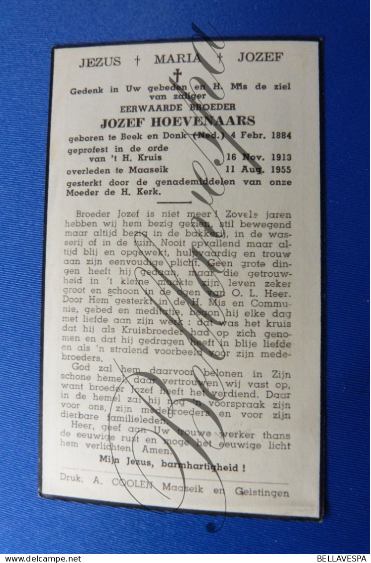 Jozef HOEVENAARS Beek En Donk 1884 Kruisheer Maaseik 1955 - Obituary Notices