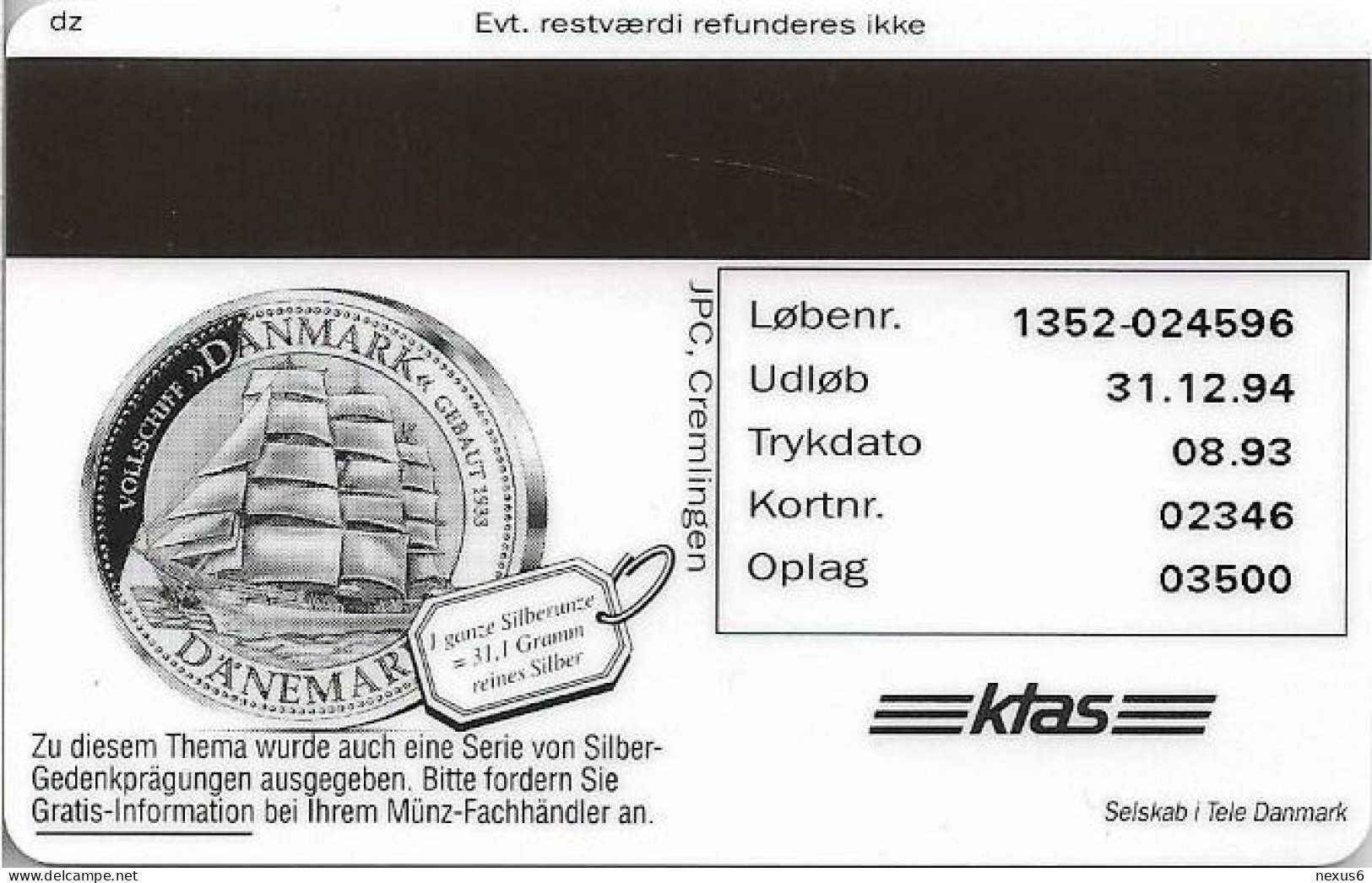 Denmark - KTAS - Ships (Red) - Russia - Kruzenshtern - TDKP029 - 08.1993, 5kr, 3.500ex, Used - Danemark