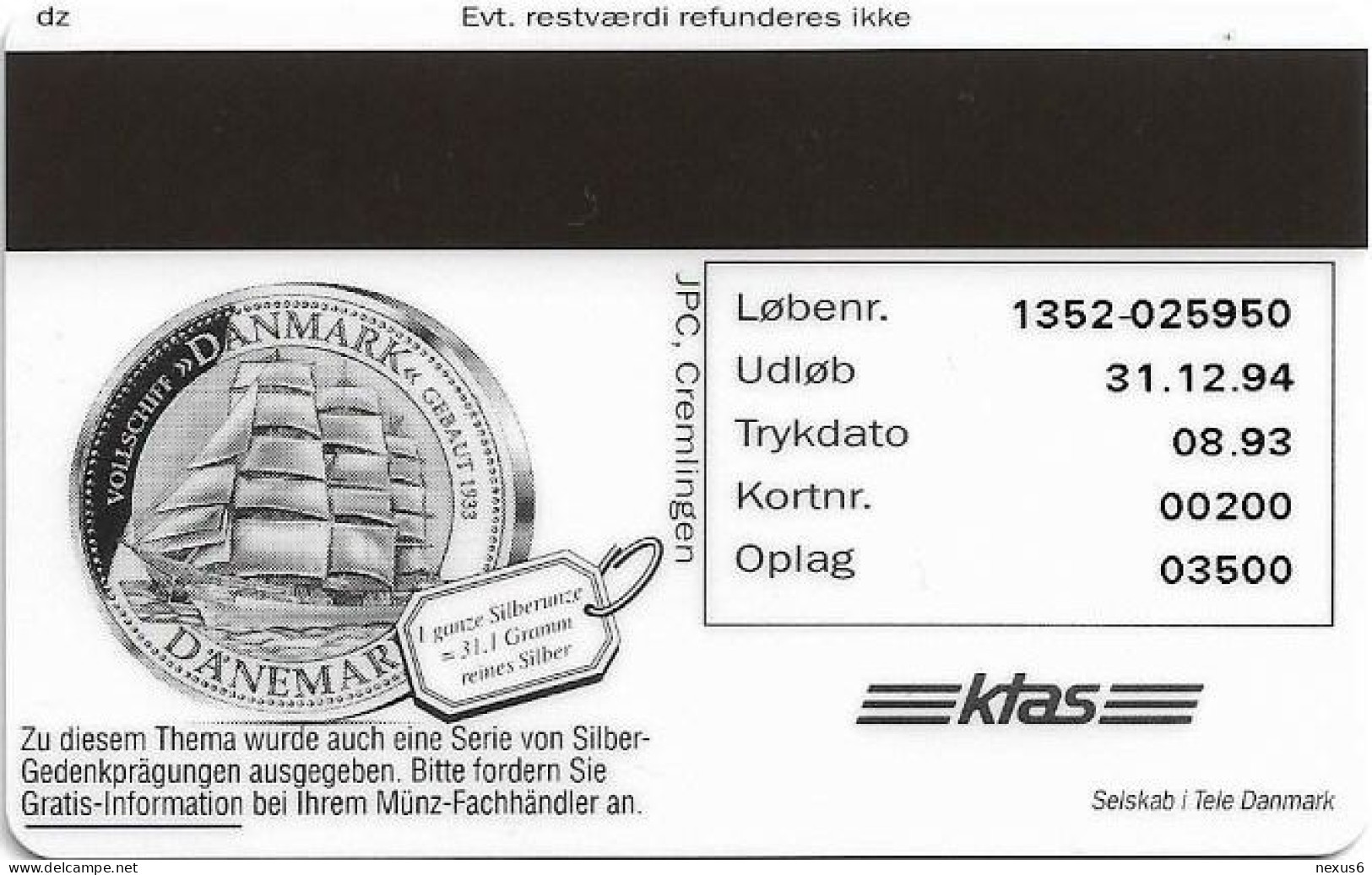 Denmark - KTAS - Ships (Red) - Belgium - Mercator - TDKP030 - 08.1993, 3.500ex, 5kr, Used - Dänemark