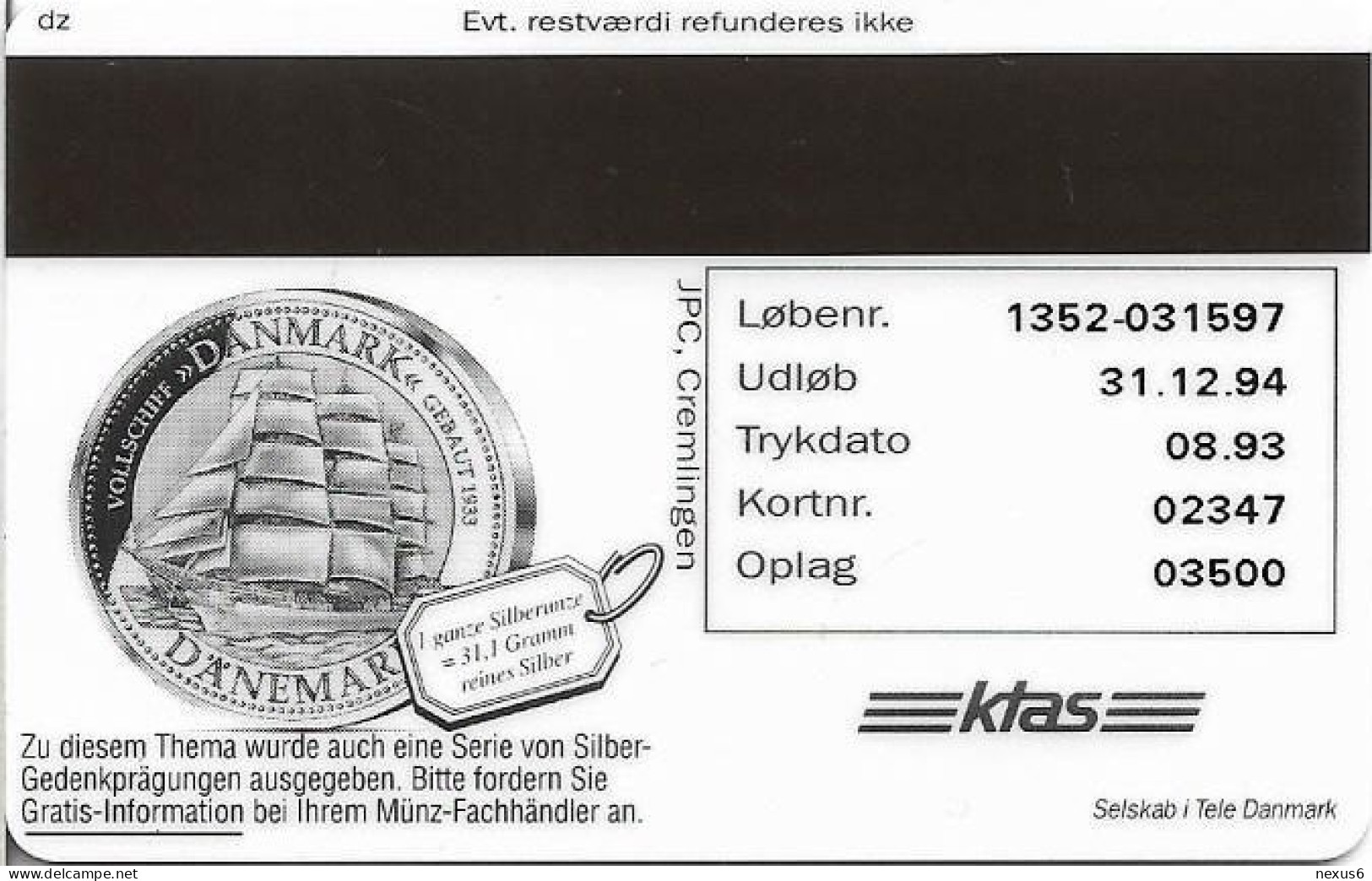 Denmark - KTAS - Ships (Red) - Poland - Dar Pormoza - TDKP031 - 08.1993, 5kr, 3.500ex, Used - Danemark