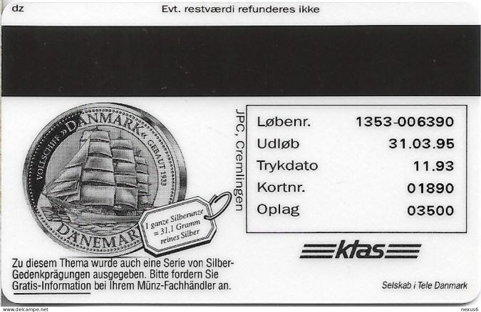 Denmark - KTAS - Ships (Red) - Austria - Novara - TDKP040 - 11.1993, 5kr, 3.500ex, Used - Denmark