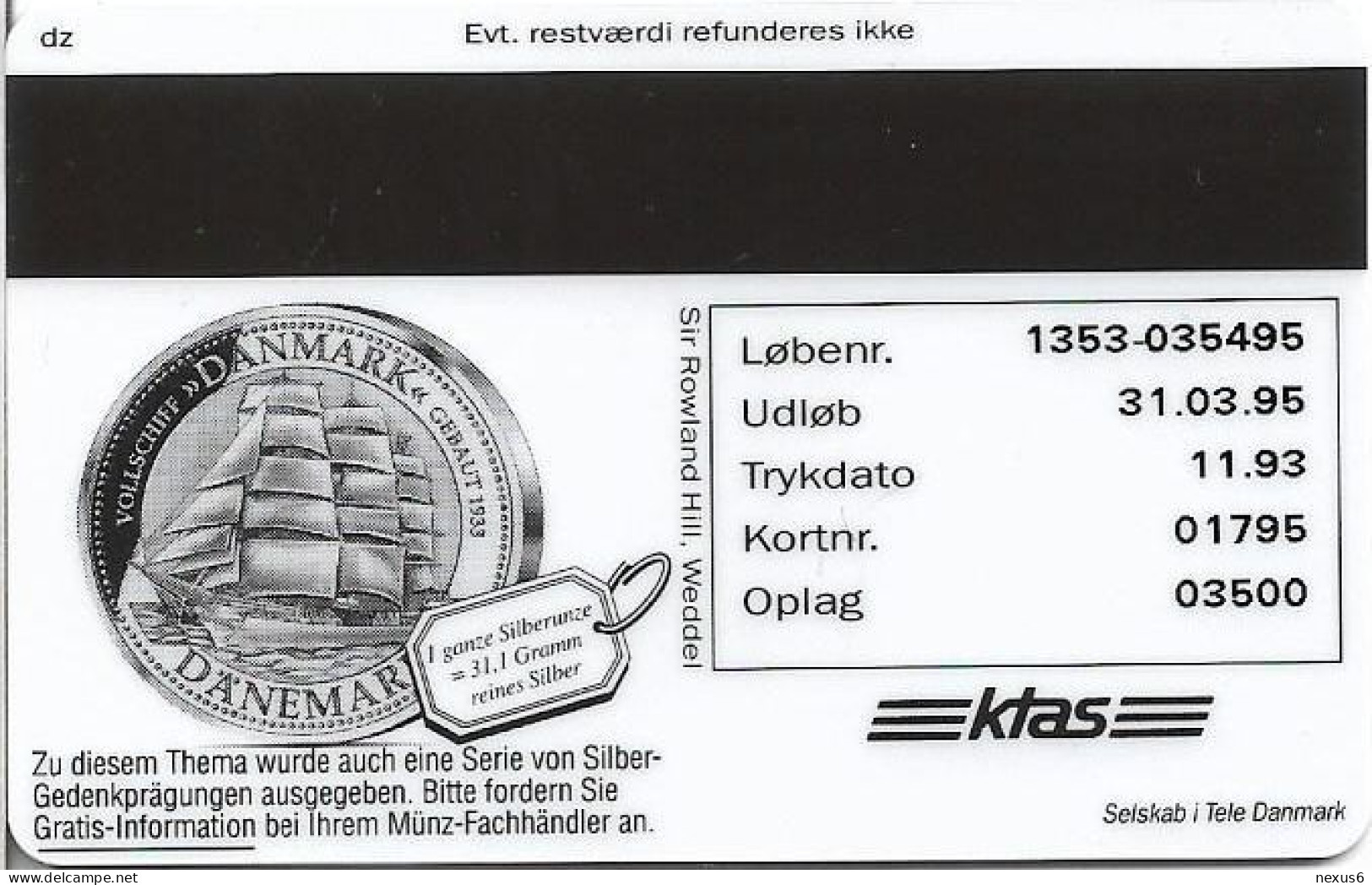 Denmark - KTAS - Ships (Red) - Norway - Sorlandet - TDKP049 - 11.1993, 5kr, 3.500ex, Used - Danemark