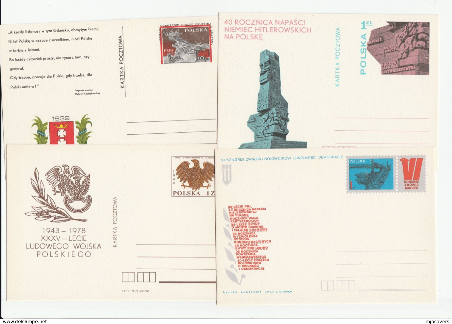 WWII  Poland  4 Diff  Anniv POSTAL STATIONERY CARDS 1978 - 1979  Stamps Cover - WW2