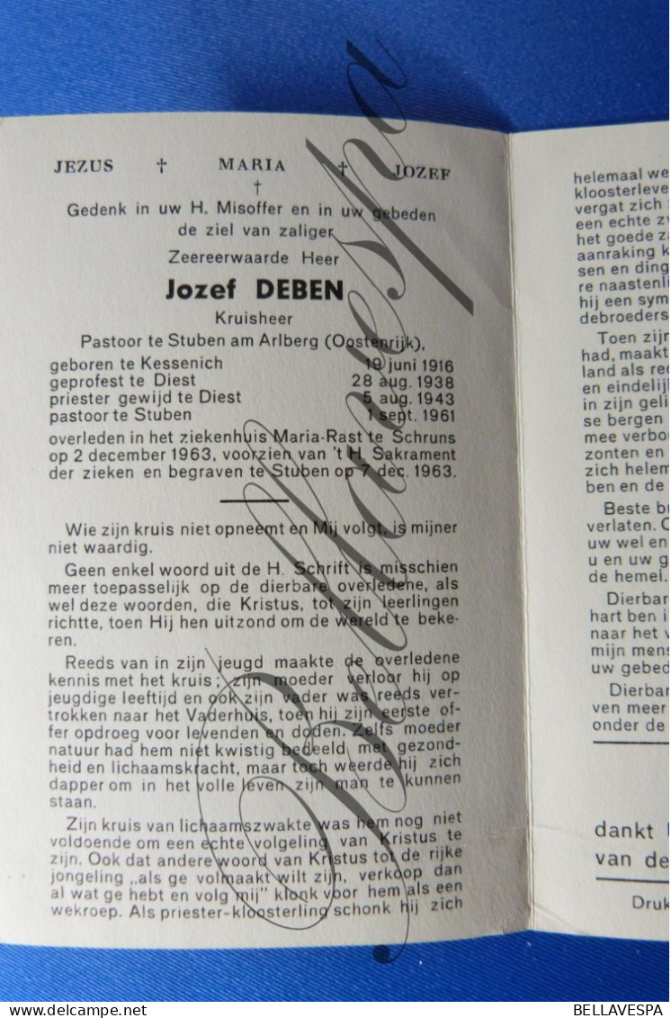 Jozef DEBEN Kruisheer Pastoor Stuben Am Arlberg Oostenrijk Kessenich 1916- Priesterwijding Diest- Stuben 1963 - Obituary Notices