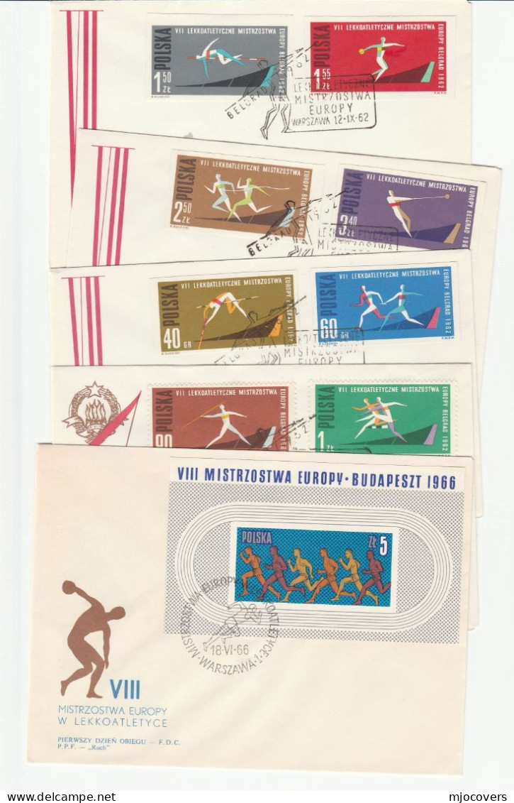 ATHLETICS - 5 Diff 1962 - 1966 Poland EUROPEAN ATHLETICS  FDCs Incl Imperf & M/S Cover Fdc Stamps Sport - Athlétisme