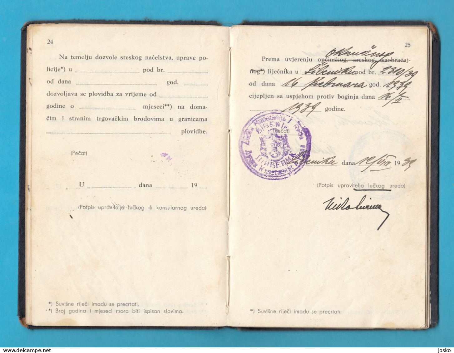 CROATIA Ex YUGOSLAVIA SEAMAN'S BOOK (1939) Tijesno Island Murter * Livret Professionnel Maritime Libretto Di Navigazione - Sonstige & Ohne Zuordnung