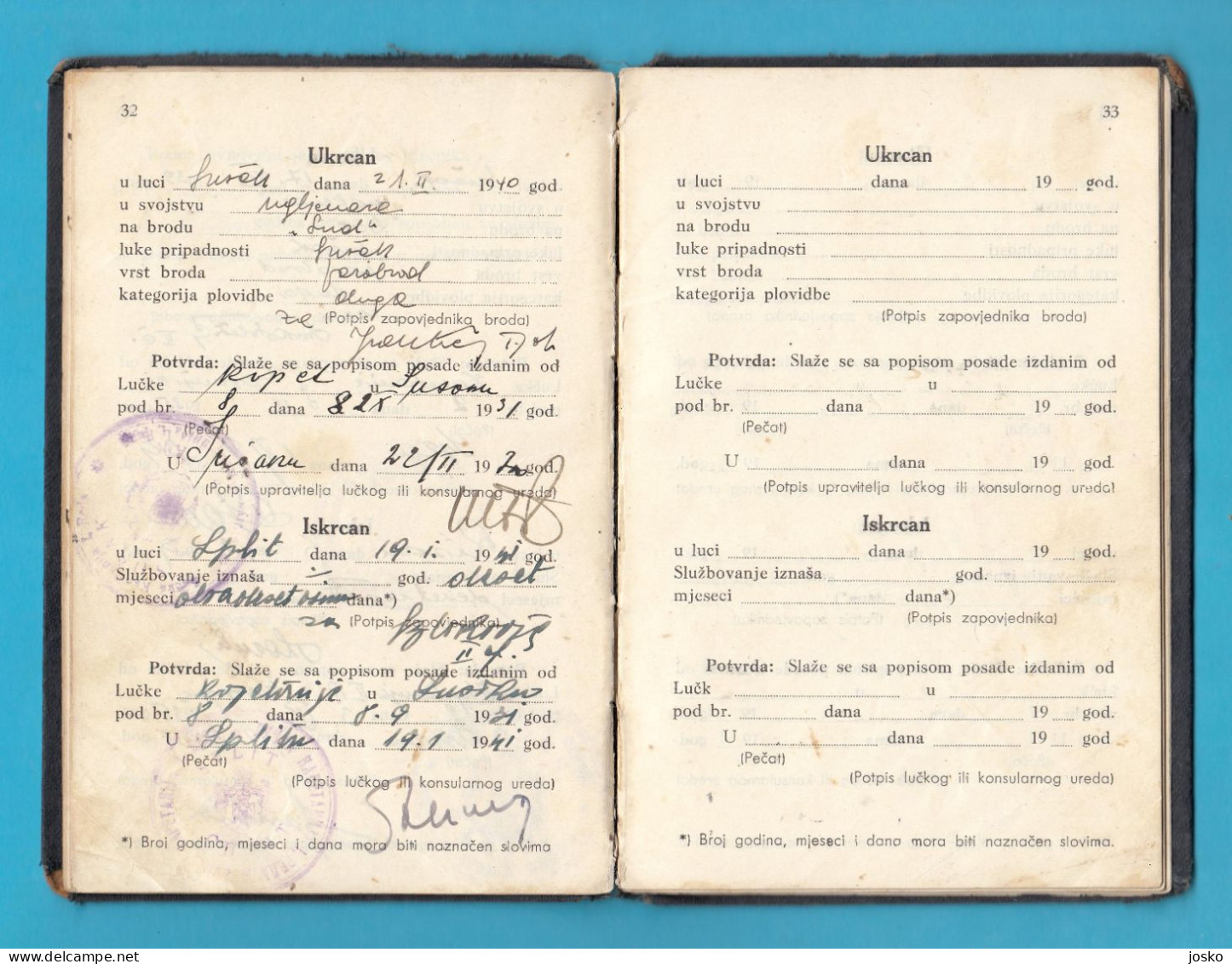 CROATIA ex YUGOSLAVIA SEAMAN'S BOOK (1939) Tijesno Island Murter * livret professionnel maritime libretto di navigazione