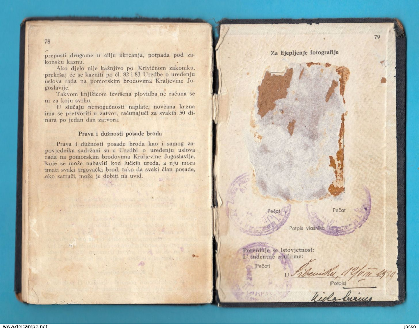 CROATIA ex YUGOSLAVIA SEAMAN'S BOOK (1939) Tijesno Island Murter * livret professionnel maritime libretto di navigazione