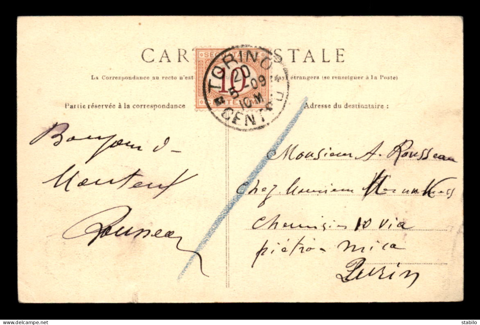 CARTE DE MONTEUX (VAUCLUSE - FRANCE) TAXEE A TURIN ITALIE LE 05.09.1910 AVEC UN TIMBRE TAXE DE 10 CENTIMES - Impuestos