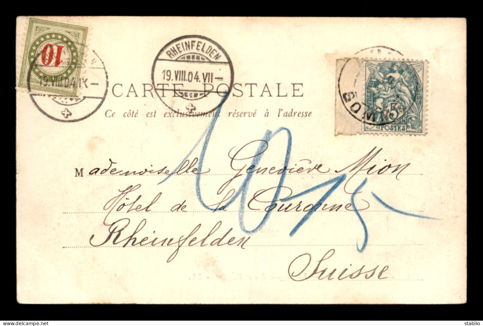 CARTE D'AULT-ONIVAL (SOMME - FRANCE) TAXEE AVEC 1 TIMBRE A 10 CENTIMES - CACHET DE RHEINFELDEN DU 19.08.1904 - Segnatasse