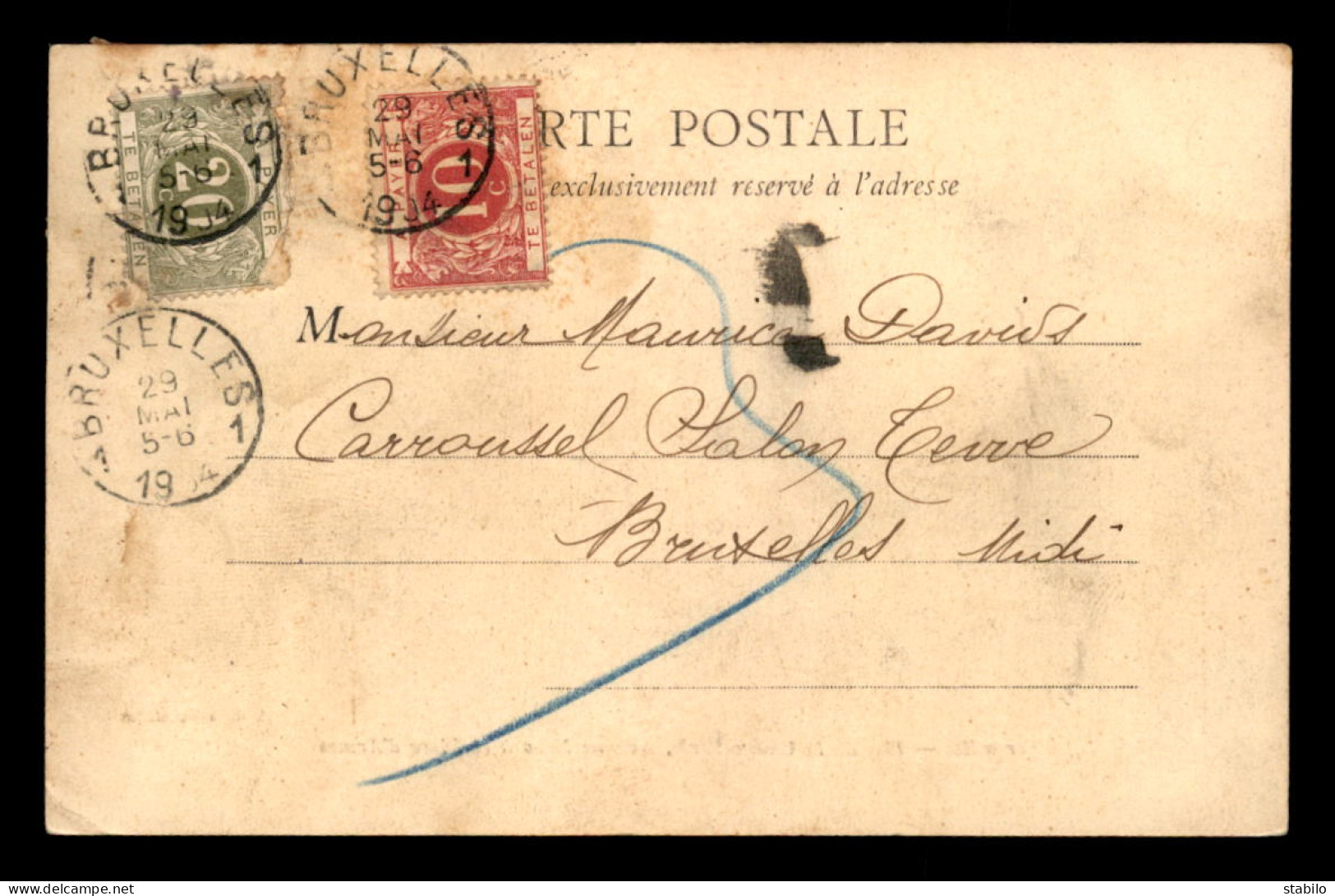 CARTE DE VERSAILLES, TAXEE 1 TIMBRE 10C, 1 TIMBRE 20C - CACHET DE BRUXELLES DU 29.05.1904 - Lettres & Documents