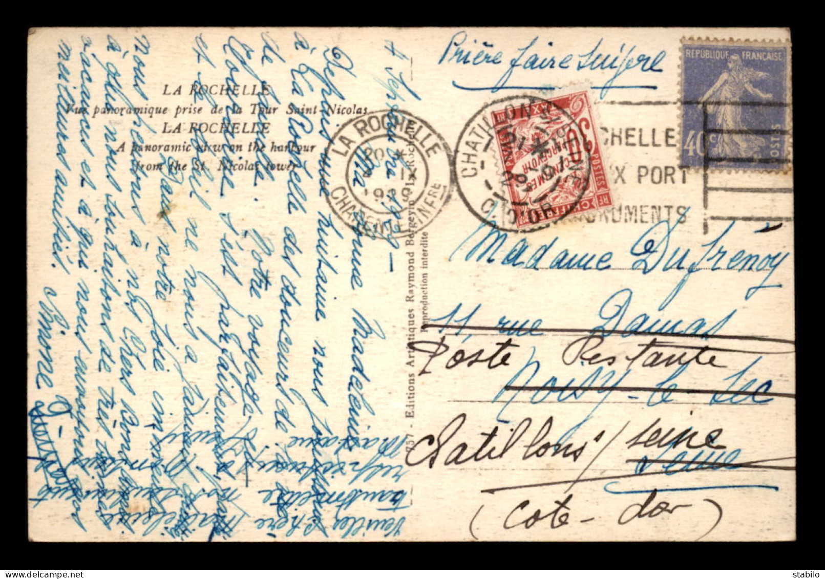 CARTE DE LA ROCHELLE ENVOYEE LE 4.09.1929 A NOISY-LE-SEC, REEXPEDIEE ET TAXEE 30C A CHATILLON-SUR-SEINE LE 7.09.1929 - 1960-.... Briefe & Dokumente