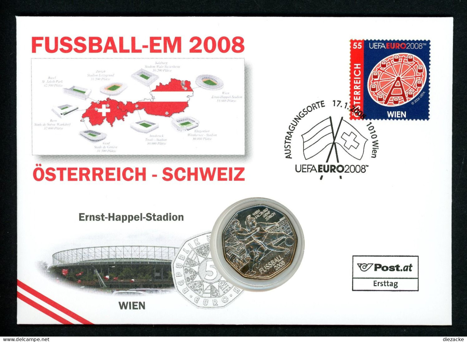 Österreich 2008 Numisbrief 5 € Fußball EM Wien Unzirkuliert (Num128 - Oesterreich