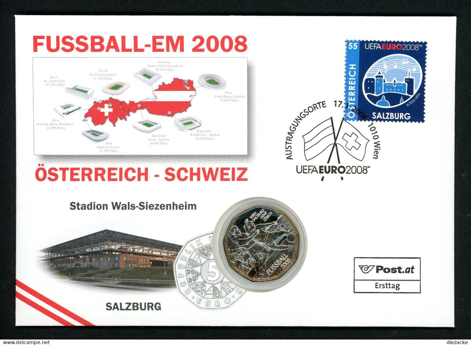 Österreich 2008 Numisbrief 5 € Fußball EM Salzburg Unzirkuliert (Num130 - Oesterreich