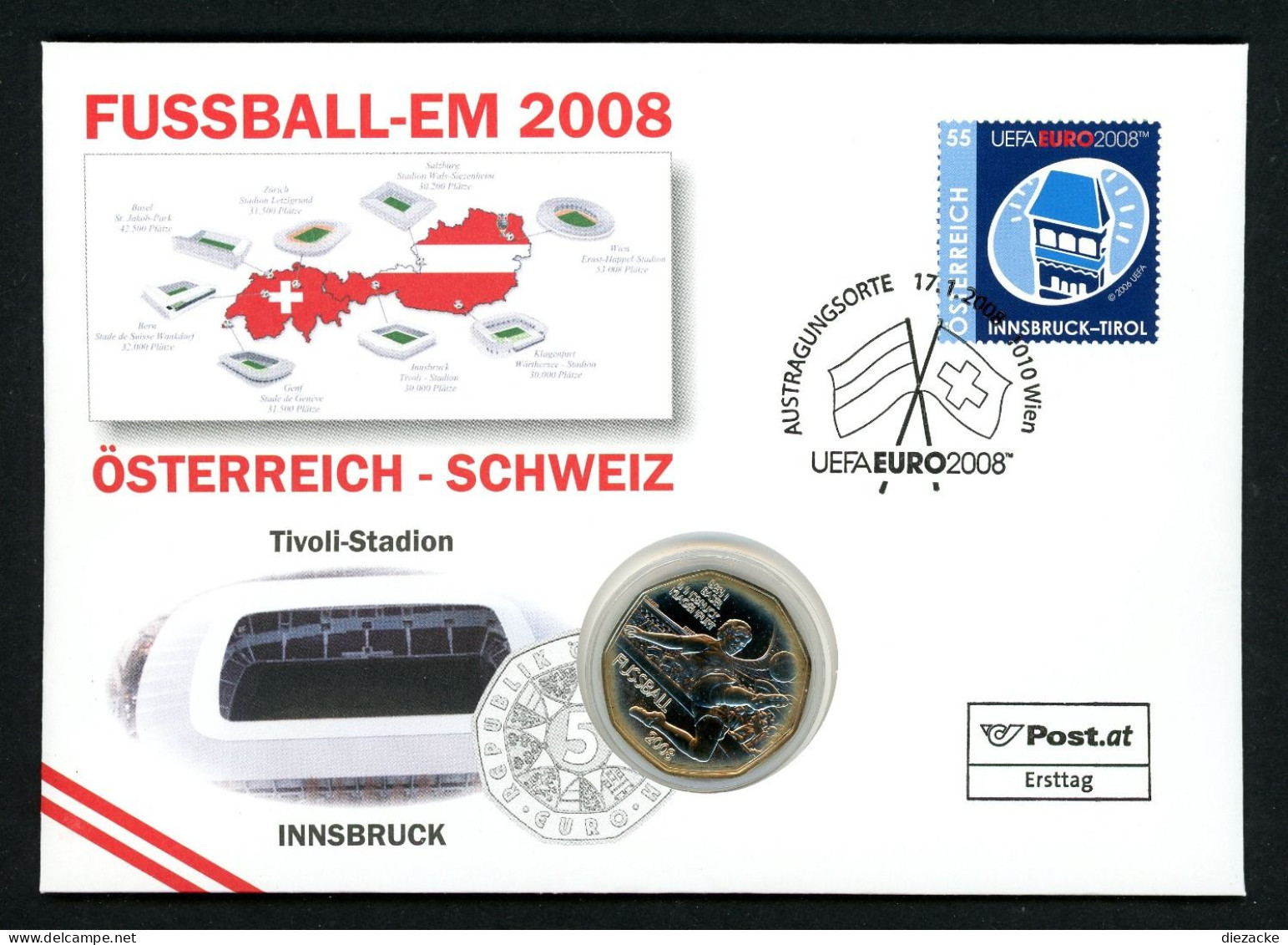 Österreich 2008 Numisbrief 5 € Fußball EM Innsbruck Unzirkuliert (Num129 - Oesterreich